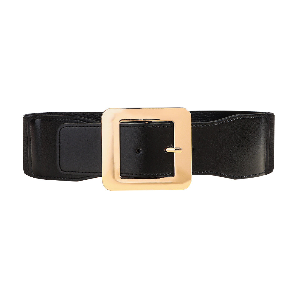 Retro Women's Metal Square Buckle Elastic Elastic Belt Simple Black Needle Buckle Everything Wide Waist Seal Senior Belt BLACK