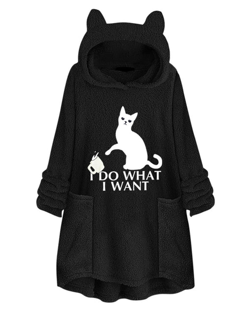 Load image into Gallery viewer, Hooded Pullover Cat Print Long Sleeved Reversible Velvet Brushed Comfortable Hooded Collar Sweater Black
