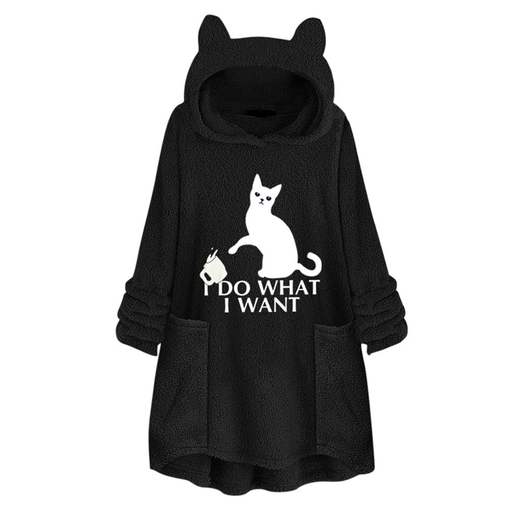 Hooded Pullover Cat Print Long Sleeved Reversible Velvet Brushed Comfortable Hooded Collar Sweater Black