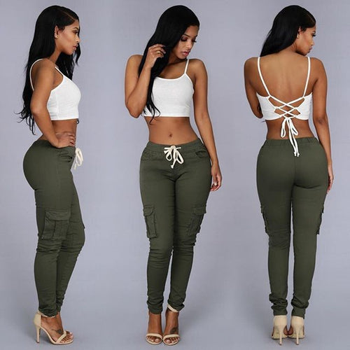 Load image into Gallery viewer, Versatile Chic: Women&#39;s Mid-Waisted Cotton Tight-Fit Casual Pants with Multiple Pockets Military green
