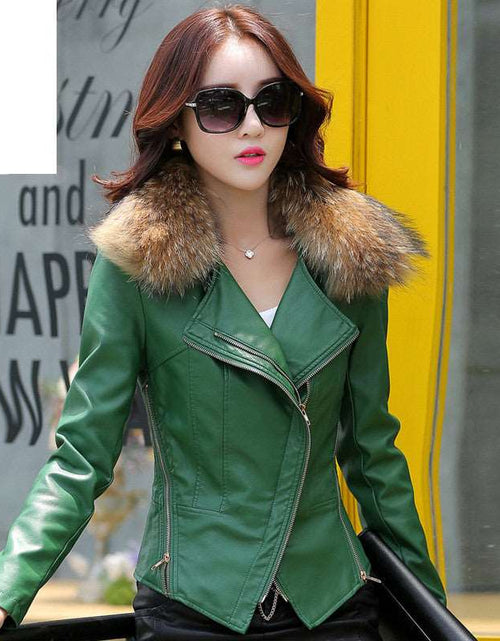 Load image into Gallery viewer, Short Style Slim-Fit Plus Cotton Belt Raccoon Fur Collar Coat Green
