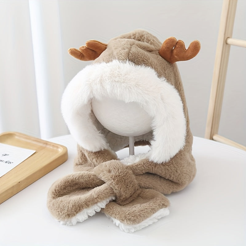 Cute Deer Hat Women Plush Rabbit Ear Funny Lolita Sweet Kawaii Winter Fluffy Fleece Warm Hat Plush Winter Thickened Cute Antlers Baby Hat With Scarf For 5-10 Y Children