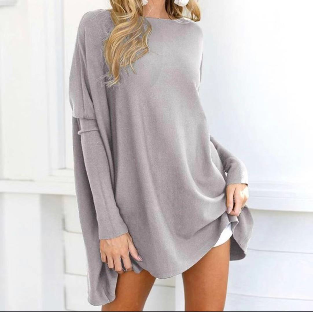 Cozy Chic: Women's Fluffy Tie Top T-shirt – Street Style Round Neck, Horn Long Sleeve, and Loose Fit in Cotton Comfort Grey