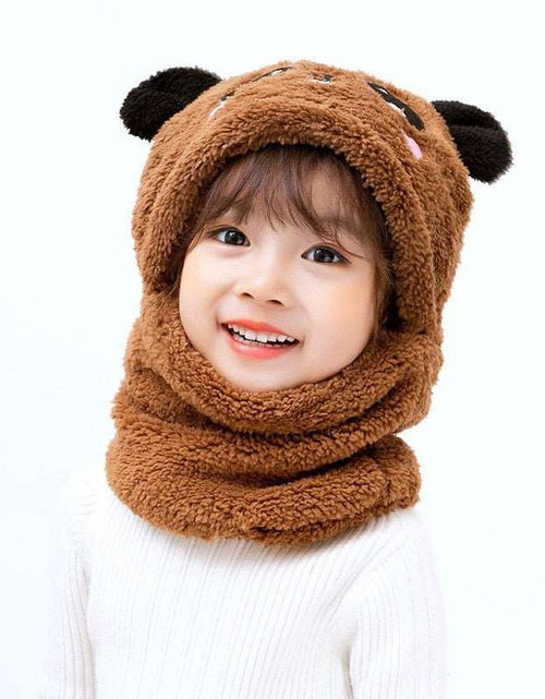 Load image into Gallery viewer, Winter boys and girls bib hat one-piece baby hat ear protection panda head hat Brown 3 to 10 years old
