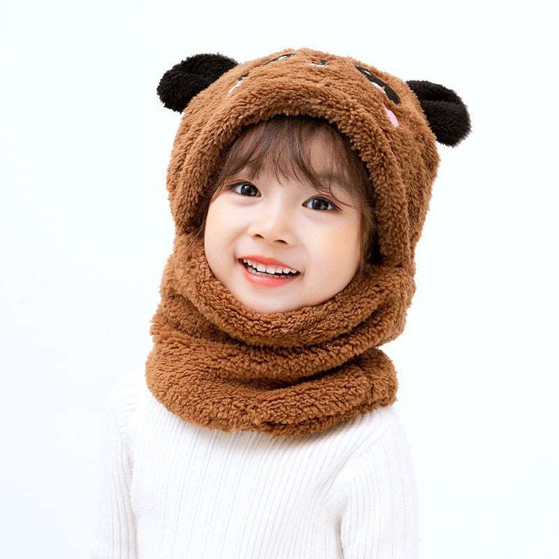 Winter boys and girls bib hat one-piece baby hat ear protection panda head hat Brown 3 to 10 years old