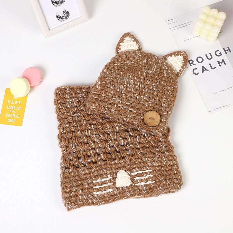 Autumn And Winter Cat Ears Wool Children Hat Scarf Two-piece Set Cute Baby Khaki