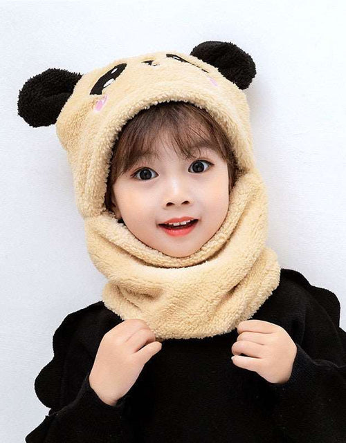 Load image into Gallery viewer, Winter boys and girls bib hat one-piece baby hat ear protection panda head hat Khaki 3 to 10 years old
