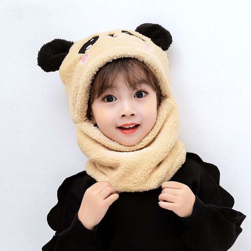 Winter boys and girls bib hat one-piece baby hat ear protection panda head hat Khaki 3 to 10 years old