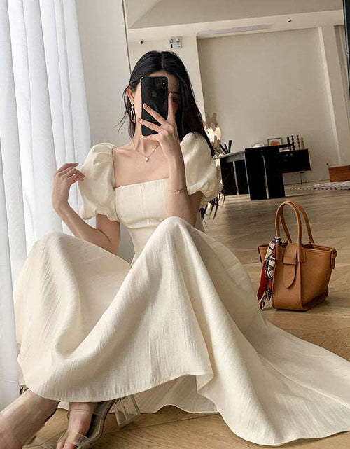 Load image into Gallery viewer, Square Collar French Tea Break High Waist-tight Puff Sleeve Gentle Sweet, Fresh, Princess Style Solid Beige Color Long Dress Beige
