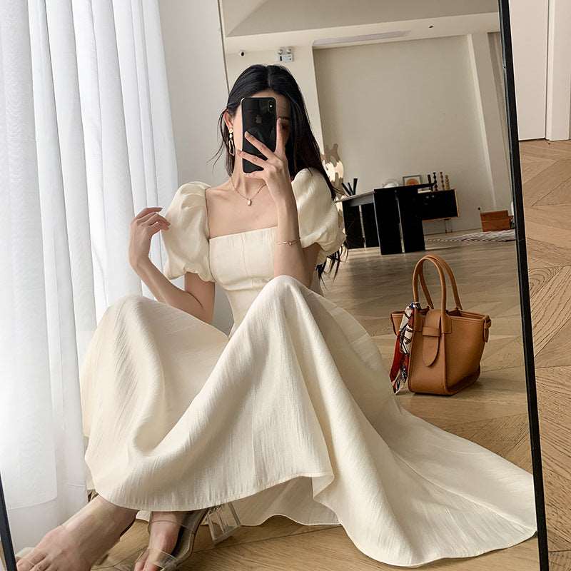 Square Collar French Tea Break High Waist-tight Puff Sleeve Gentle Sweet, Fresh, Princess Style Solid Beige Color Long Dress Beige