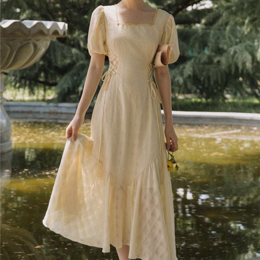 Light Yellow Chiffon Temperament Commute Style Fishtail Skirt Puff Short Sleeve Square Collar Lady Retro Waist-controlled Self-tie Dress