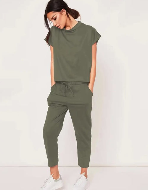 Load image into Gallery viewer, Effortless Casual Set: Short Sleeve Round Neck Top and Drawstring Cropped Pants - Simple, Basic, and Comfortable for Everyday Wear
