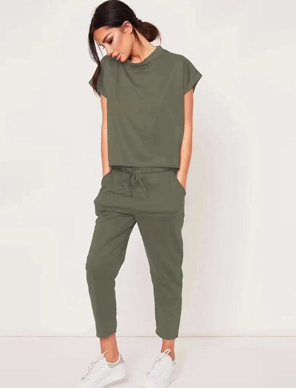 Effortless Casual Set: Short Sleeve Round Neck Top and Drawstring Cropped Pants - Simple, Basic, and Comfortable for Everyday Wear