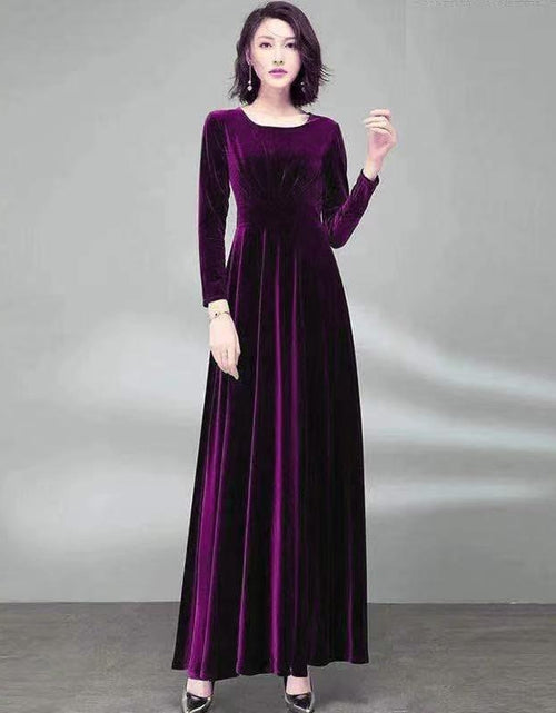 Load image into Gallery viewer, Pleuche Long Sleeve Dress Waist-tight Elegant Big Hem Purple
