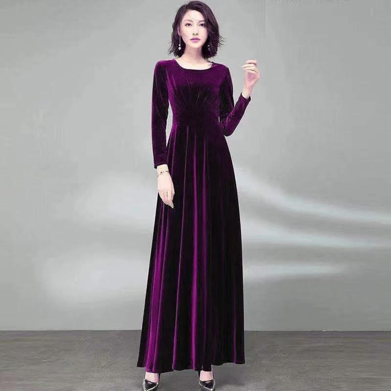 Pleuche Long Sleeve Dress Waist-tight Elegant Big Hem Purple