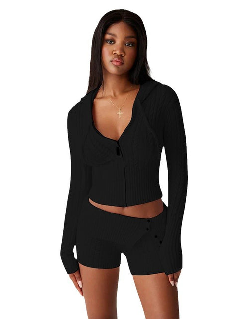 Load image into Gallery viewer, Casual Comfort: Sweater Knitted Hooded Top and Shorts Long Sleeve Two-piece Set - Attractive, Relax in Style for Effortless Chic
