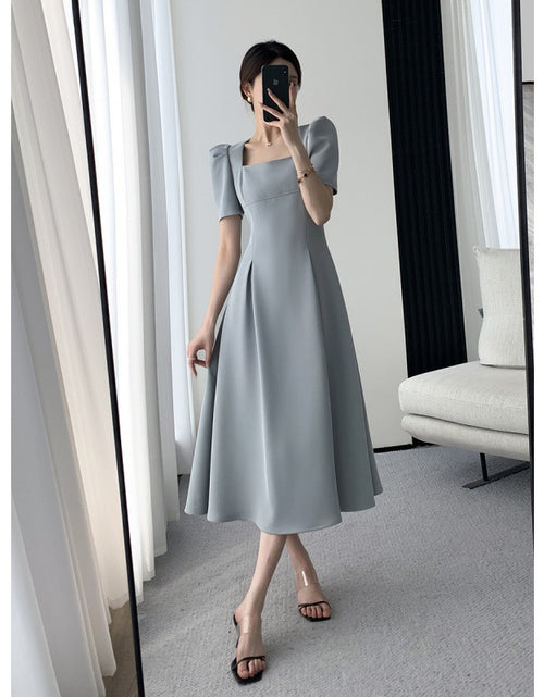 Load image into Gallery viewer, Light Blue A-Line Hight Waist Mid-Length Informal Temperament Commute Style Fashion Square-neck Cinched Slimming Puff Sleeve Dress
