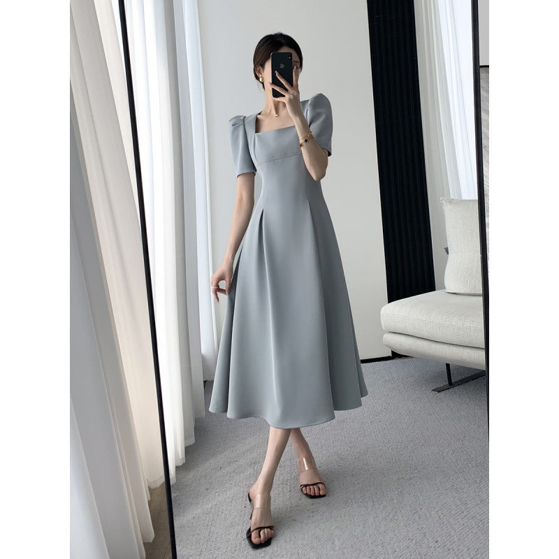 Light Blue A-Line Hight Waist Mid-Length Informal Temperament Commute Style Fashion Square-neck Cinched Slimming Puff Sleeve Dress