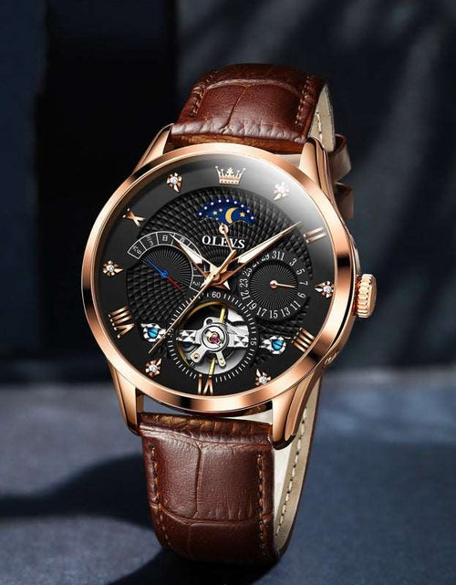 Load image into Gallery viewer, OLEVS Multifunctional Luminous Hollow Flywheel Automatic Mechanical Watch Brown Rose Shell Black Surface
