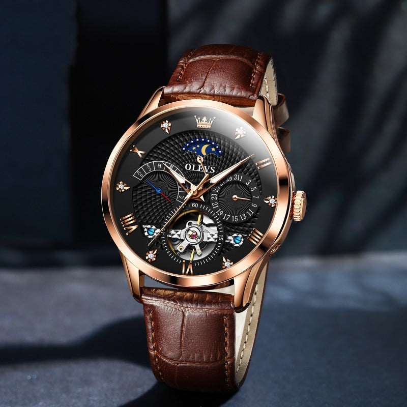 OLEVS Multifunctional Luminous Hollow Flywheel Automatic Mechanical Watch Brown Rose Shell Black Surface