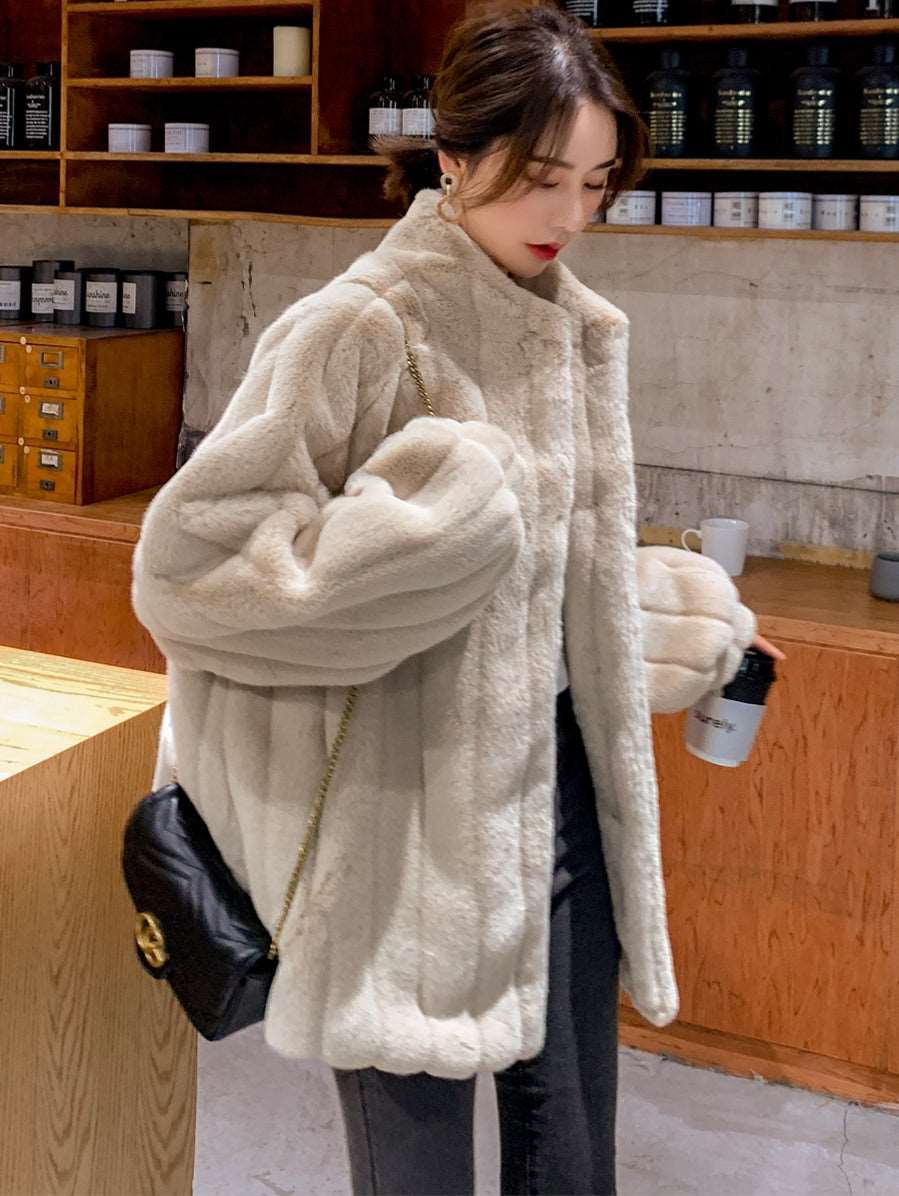 Trendy Lamb Fur Coat Korean Style Stand Collar Street Hipster Long Sleeve Fur Coat