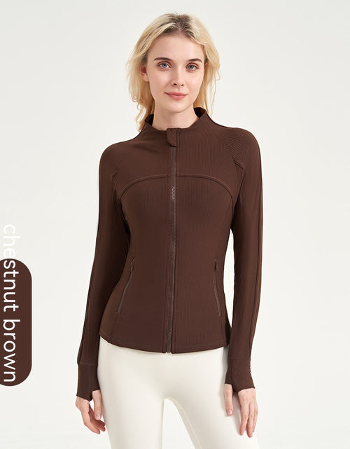 Load image into Gallery viewer, Women Yoga Fitness Jacket Vertical Thread Clothes Full Zip Slim Fitted Yoga Jacket Chestnut Brown
