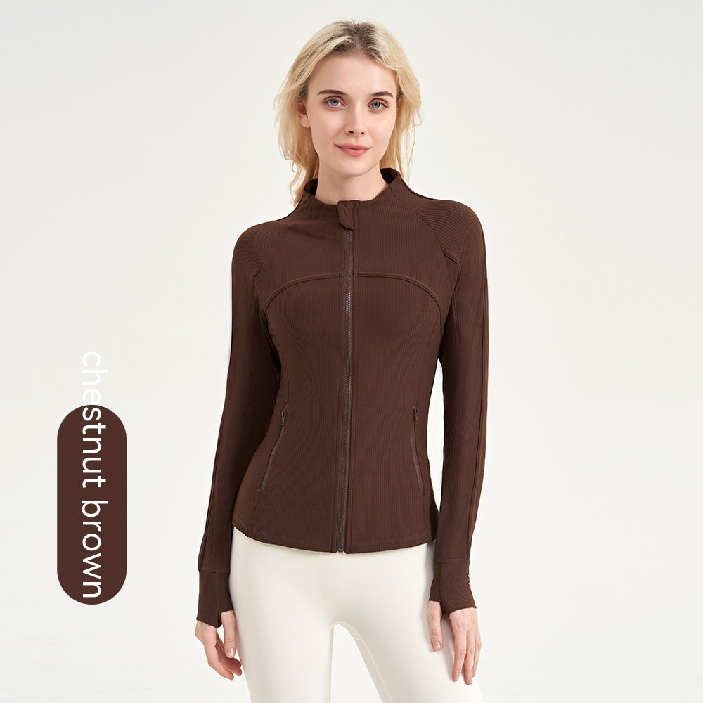 Women Yoga Fitness Jacket Vertical Thread Clothes Full Zip Slim Fitted Yoga Jacket Chestnut Brown