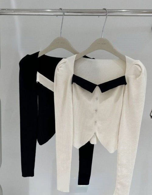 Load image into Gallery viewer, Square Collar Elastic Cotton Fiber Irregular Color-blocked Collarbone Puff Sleeve Sweater
