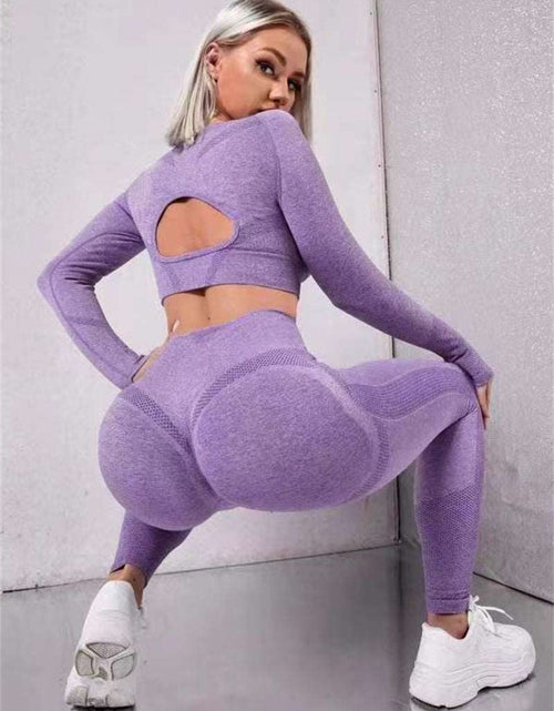 Load image into Gallery viewer, Elevate Your Workout: 2pcs Sports Suits with Long Sleeve Hollow Design Tops and Butt Lifting High Waist Seamless Fitness Leggings - Stylish Gym Sportswear Outfits Purple
