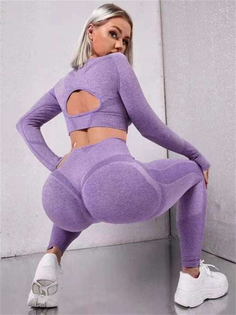 Elevate Your Workout: 2pcs Sports Suits with Long Sleeve Hollow Design Tops and Butt Lifting High Waist Seamless Fitness Leggings - Stylish Gym Sportswear Outfits Purple