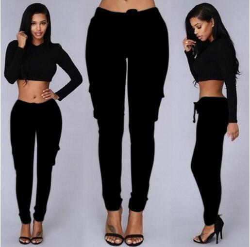 Versatile Chic: Women's Mid-Waisted Cotton Tight-Fit Casual Pants with Multiple Pockets Black