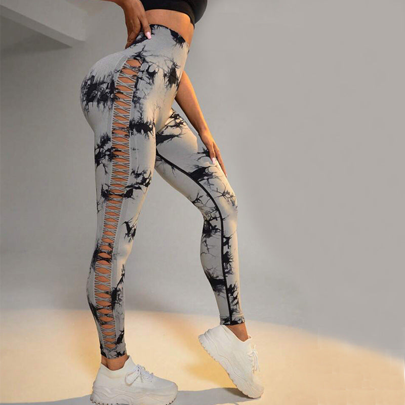 Hollow Tie Dye Printed Yoga Pants - High Waist, Butt Lift, Seamless Sports Leggings for Women - Elevate Your Gym Style! Light Grey