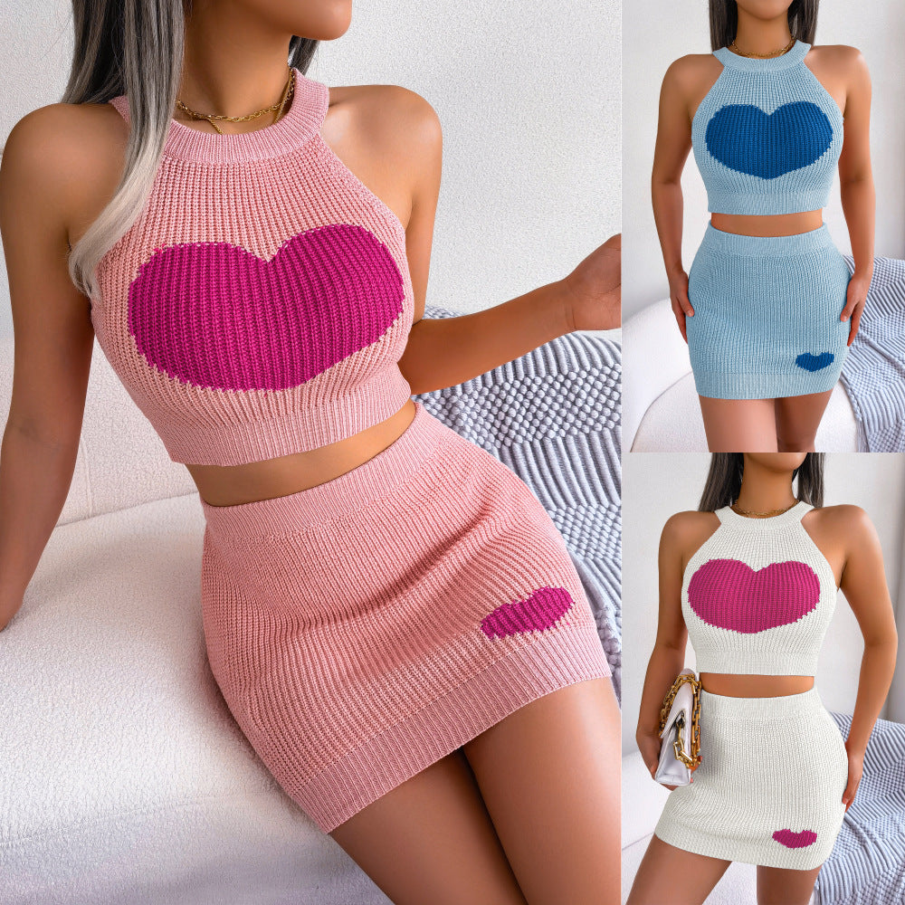 Cutie and Sweetie - Casual Love Contrast Color Midriff-baring Top Hip Skirt Suit