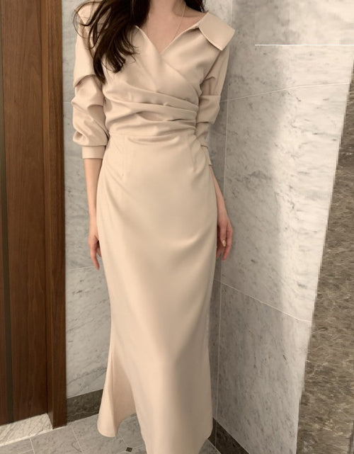 Load image into Gallery viewer, A-Line Solid Color One Size Mid Waist Long Sleeve Short Skirt Slimming Puff Sleeve Elegant Young Self-tie Dress Women
