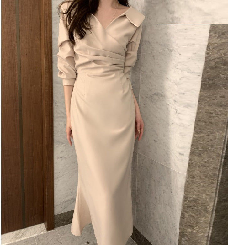 A-Line Solid Color One Size Mid Waist Long Sleeve Short Skirt Slimming Puff Sleeve Elegant Young Self-tie Dress Women