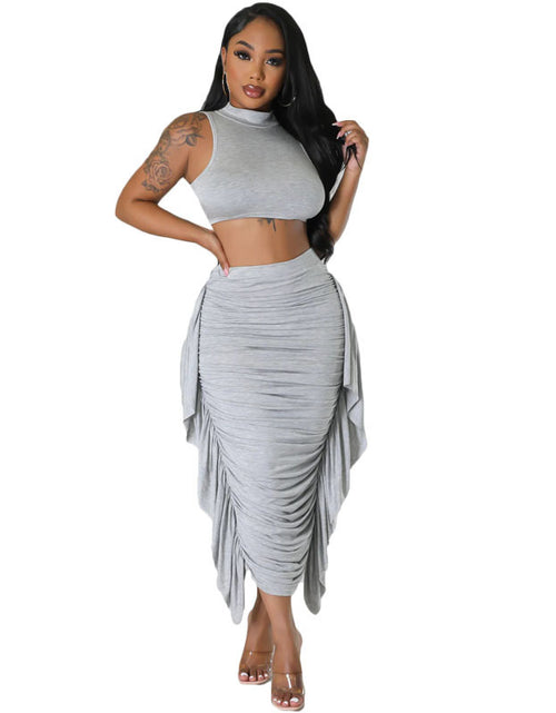 Load image into Gallery viewer, Elegant Lace-Up Ensemble: Women&#39;s Fashion Vest Top &amp; High-Waisted Skirt Suit - Elevate Your Style with Timeless Sophistication Gray
