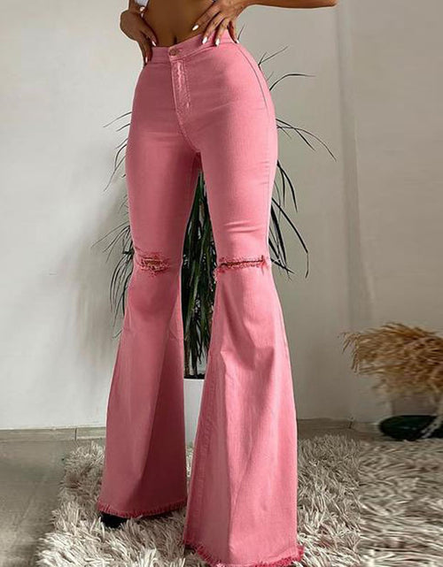 Load image into Gallery viewer, Effortlessly Edgy: Colored Stretch Denim Trousers with Ripped Frayed Flared Hem - Elevate Your Look with Trendy Distressed Details Pink
