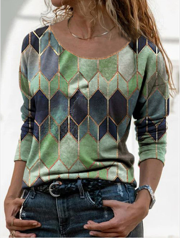 Timeless Elegance: Long Sleeve Retro Geometric Print Casual Top T-shirt Green