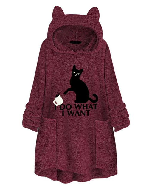 Load image into Gallery viewer, Hooded Pullover Cat Print Long Sleeved Reversible Velvet Brushed Comfortable Hooded Collar Sweater Wine red
