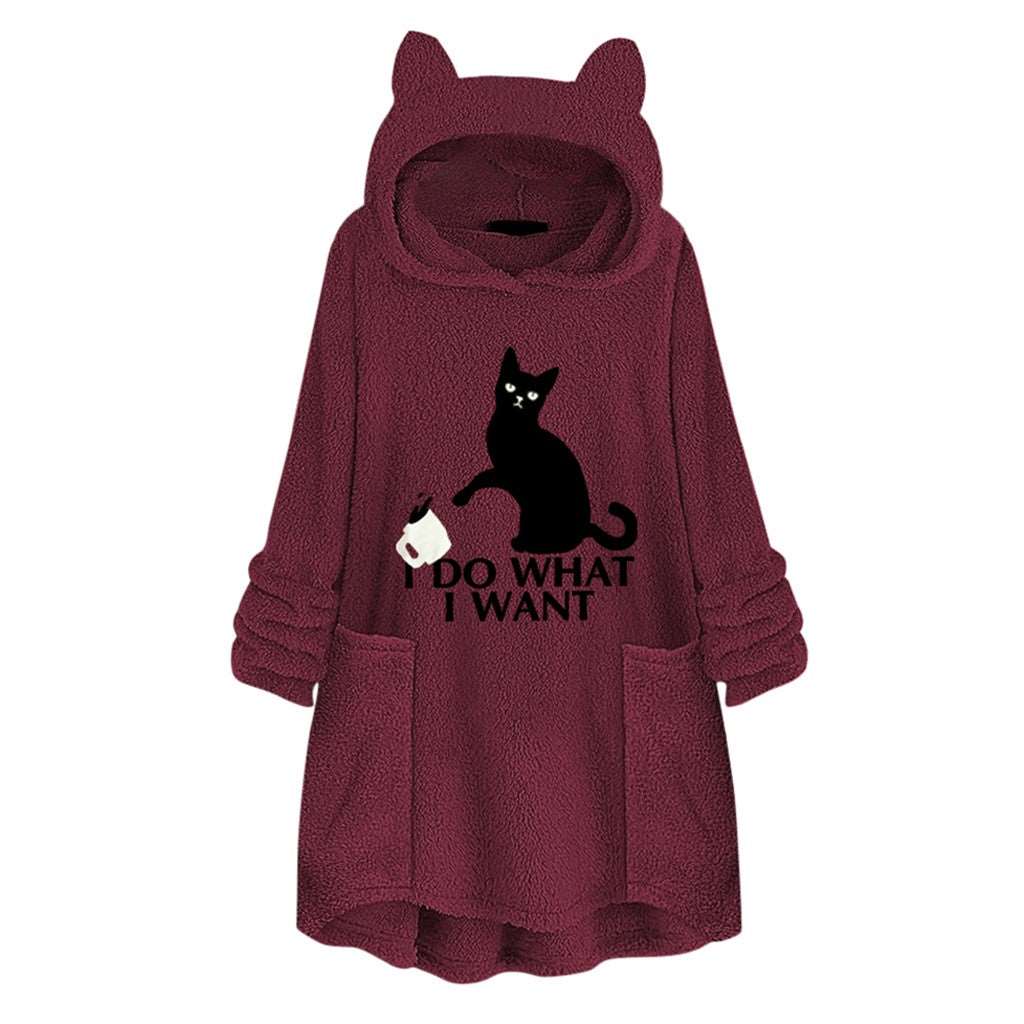 Hooded Pullover Cat Print Long Sleeved Reversible Velvet Brushed Comfortable Hooded Collar Sweater Wine red