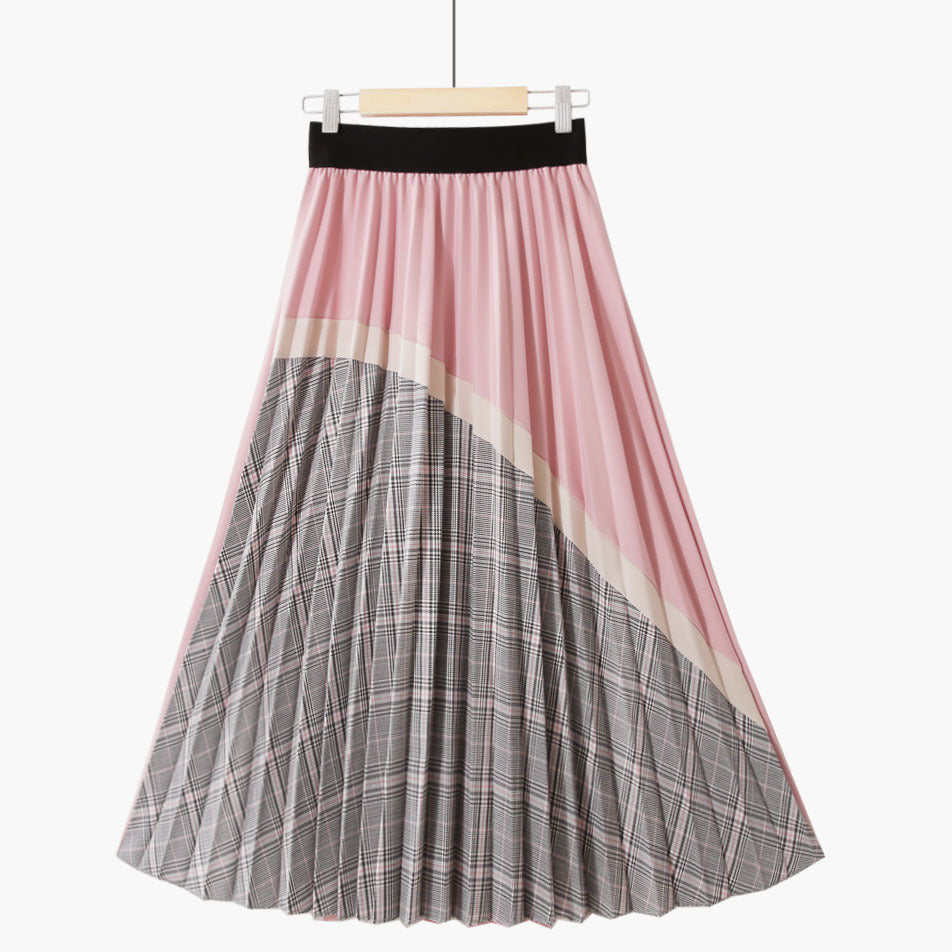 Women's Fashion Street Hipster Style Retro All-match Contrast Color High Waist Plaid Skirt Pink Average Size