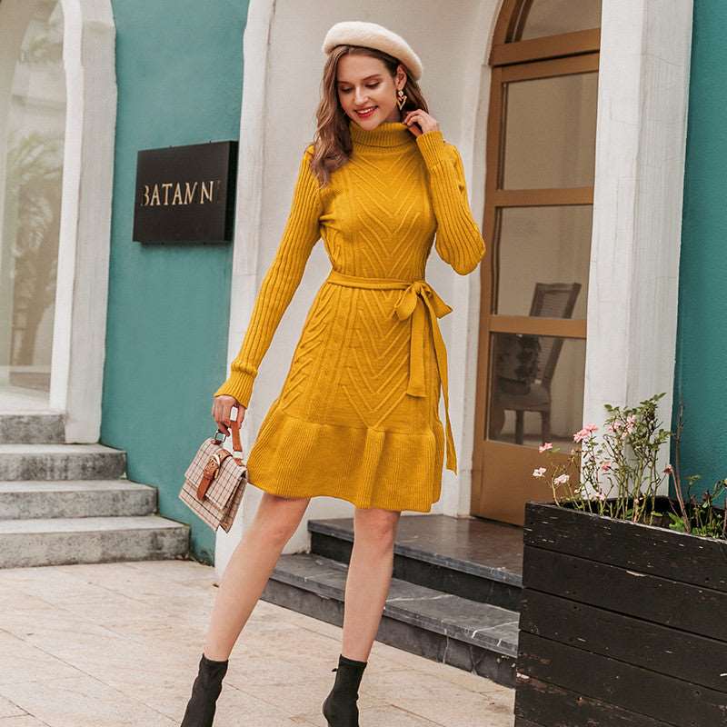 Elegant Style Single piece Mid-length Lotus Skirt Pure color knitted dress