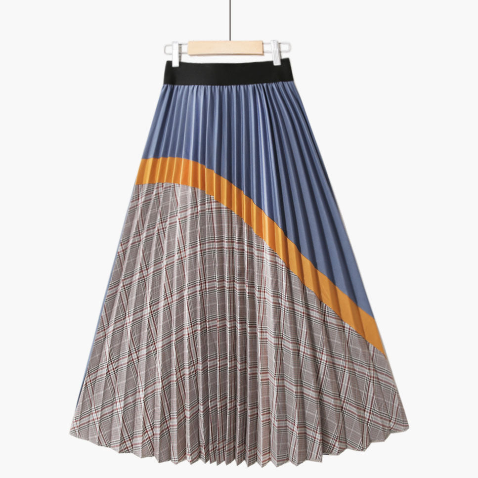 Women's Fashion Street Hipster Style Retro All-match Contrast Color High Waist Plaid Skirt Blue Average Size