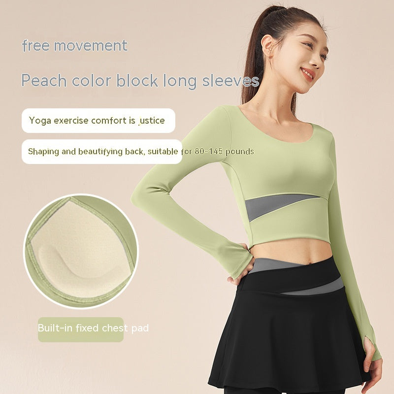 Contrast Color Fast-drying Workout Top Slim Fit Nude Feel Seamless Yoga Long Sleeve