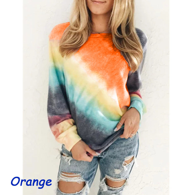 Radiant Vibes: Fashion Tie Dye Rainbow Casual Long Sleeve T-shirt for Women Orange