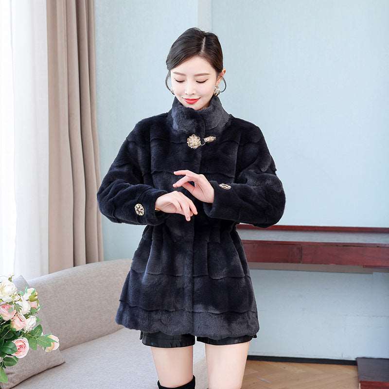 Korean Style Mid-length Mink Coat Women's Thick Coat With Fur Dark Grey