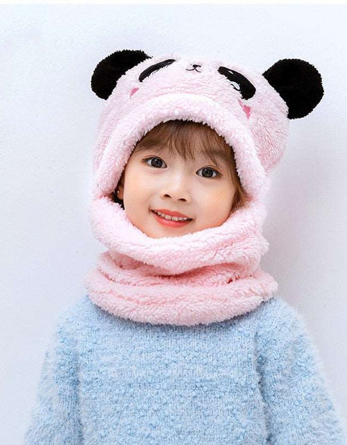 Load image into Gallery viewer, Winter boys and girls bib hat one-piece baby hat ear protection panda head hat Pink 3 to 10 years old
