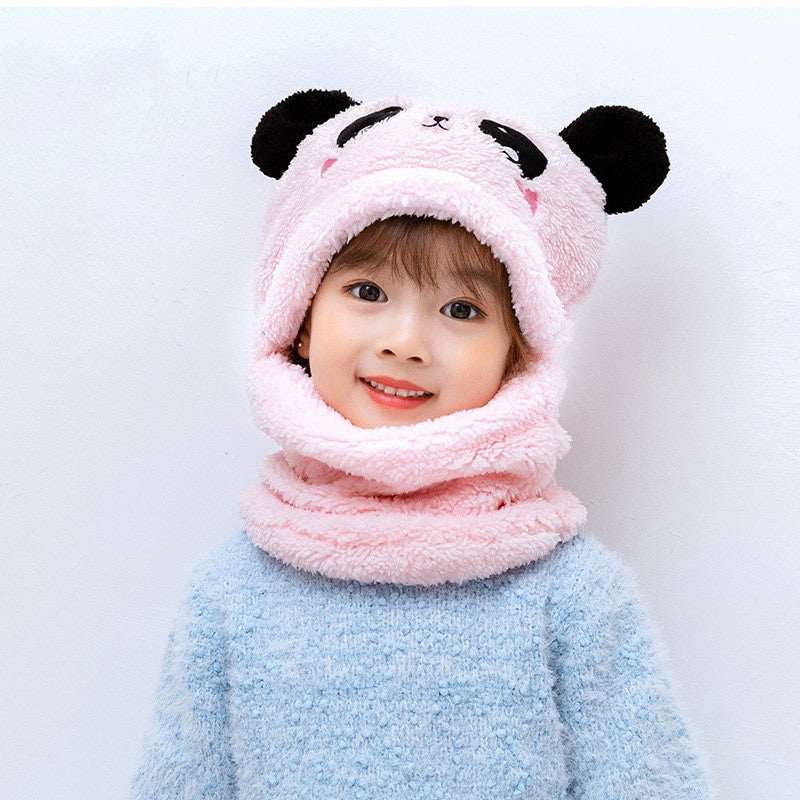 Winter boys and girls bib hat one-piece baby hat ear protection panda head hat Pink 3 to 10 years old