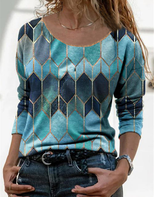 Load image into Gallery viewer, Timeless Elegance: Long Sleeve Retro Geometric Print Casual Top T-shirt Blue
