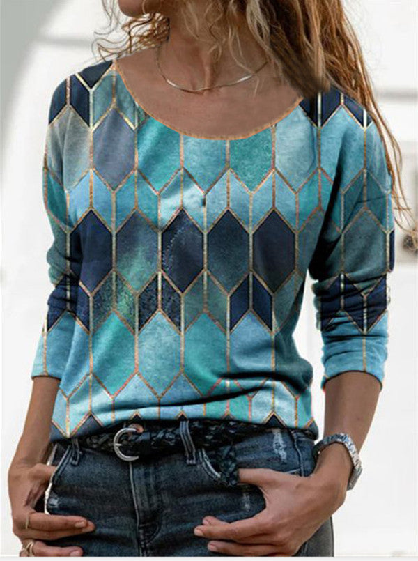 Timeless Elegance: Long Sleeve Retro Geometric Print Casual Top T-shirt Blue